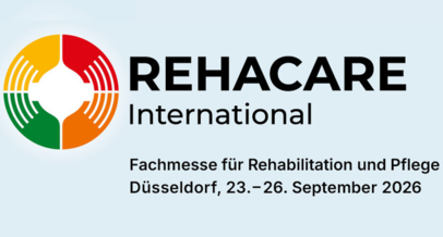 Logo Rehacare international Schriftzug Fachmesse für Rehabilitation und Pflege Düsseldorf, 23. bis 26. September 2026