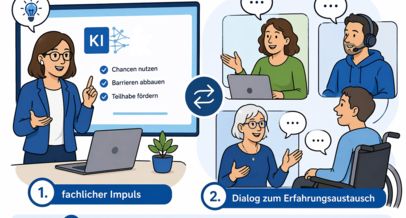 1. fachlicher Impuls und 2. Dialog zum Erfahrungsaustausch mit den Zielen: gemeinsam lernen - Erfahrungen teilen - Barrieren abbauen mit den KI-Inhalten Chancen nutzen, Barrieren abbauen, Teilhabe fördern.