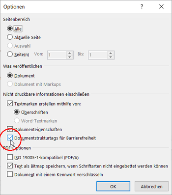Optionen Fenster für den pdf-Export aus MS Word