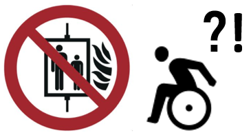 Sicherheitszeichen nach DIN EN ISO 7010-P020 "Aufzug im Brandfall nicht benutzen" und Rollstuhl-Icon von Icons8, darüber ein Fragezeichen und ein Ausrufezeichen