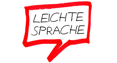 Rot umrandete Sprechblase, die Leichte Sprache beinhaltet