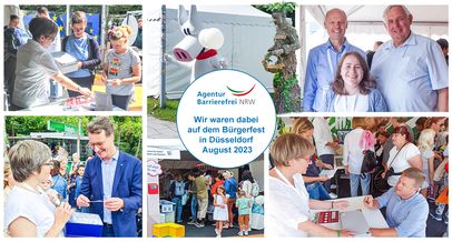 Bildercollage Logo der Agentur Barrierefrei NRW, "Wir waren dabei auf dem Bürgerfest in Düsseldorf August 2023"