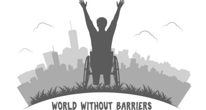 Zeichnung eines Menschen im Rollstuhl mit erhobenen Armen, im Hintergrund ist eine Stadt angedeutet, unter dem Bild der Schriftzug Welt ohne Barrieren auf Englisch