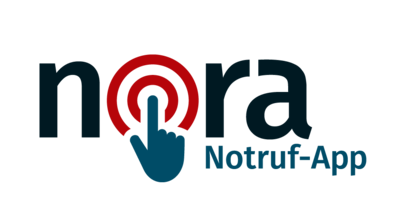 Das Logo der nora-App zeigt einen Finger, der auf einen Notruf-Knopf drückt.
