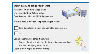 Ausschnitt aus einem Formular in Leichter Sprache. Es erklärt verständliich und in mehreren Schritten, wann Eltern für ihr krankes Kind ein Attest einreichen müssen.