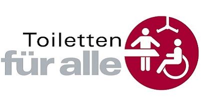 Logo Toilette für alle mit Schriftzug und einem Piktogramm von einer Person im Rollstuhl, einer 2. Person an einer Liege und einem Personenlifter.