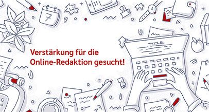 Die Zeichnungen von Gegenständen wie Laptop, Terminkalender, Stift und Kaffeetasse umrahmen den Text "Verstärkung für die Online-Redaktion gesucht"