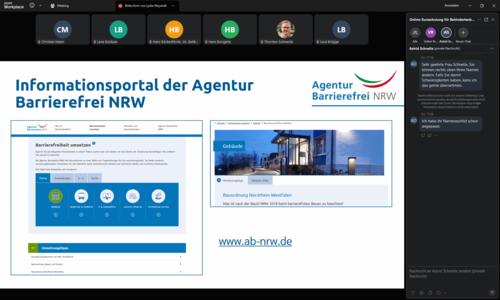 Zoomfenster mit der Folie zum Informationsportal der Agentur Barrierefrei NRW