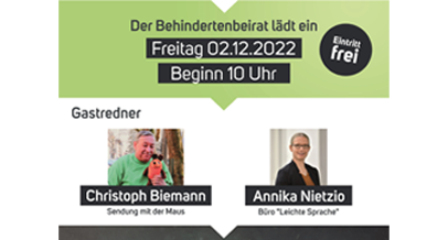 Plakat zum Aktionstag 2.12.2022 in Lünen. Es zeigt die beiden Sprecher: Christoph Biemann von Sendung mit der Maus und Annika Nietzio vom Büro für Leichte Sprache von der Agentur Barrierefrei NRW.