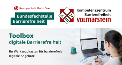 Screenshot des Kopfbereichs der Toolbox digitale Barrierefreiheit mit den Logos von Bundesfachstelle und KBV