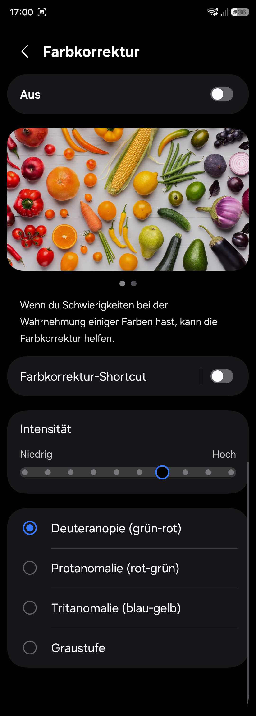 Bildschirmfoto: Farbkorrektur in Android 16
