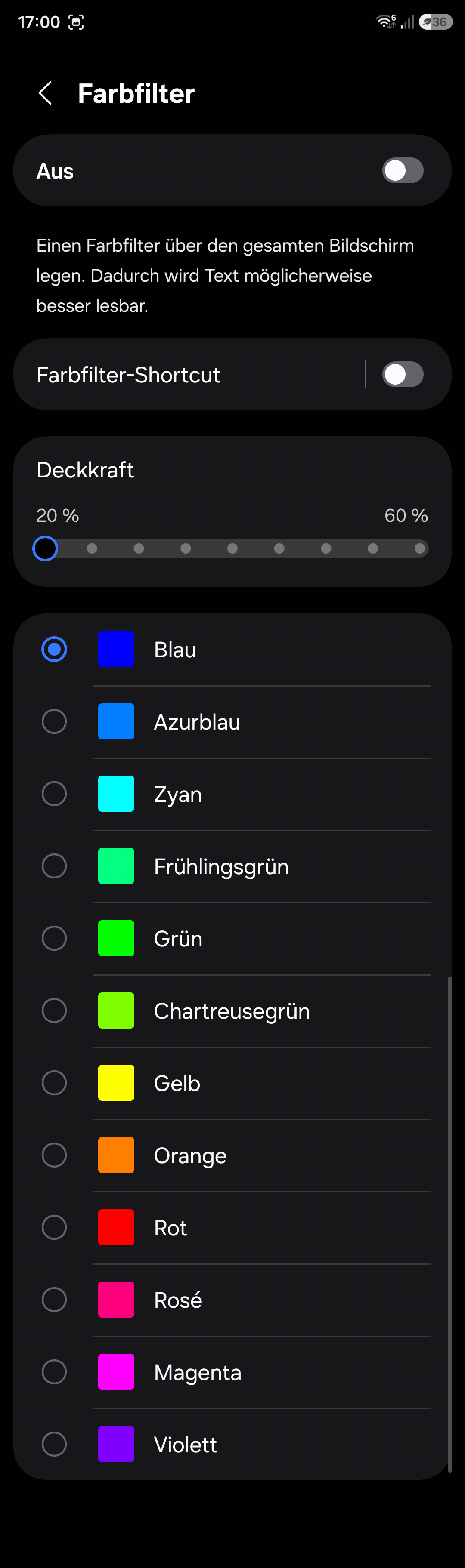 Bildschirmfoto: Farbfilter in Android 16