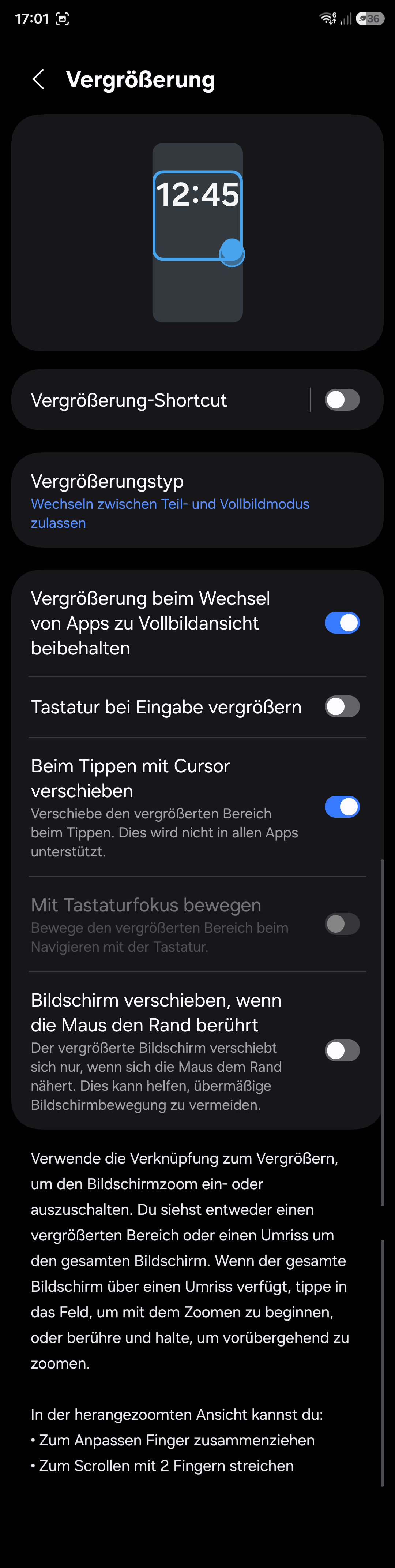 Bildschirmfoto: Einstellungen zur Vergrößerung in Android 16