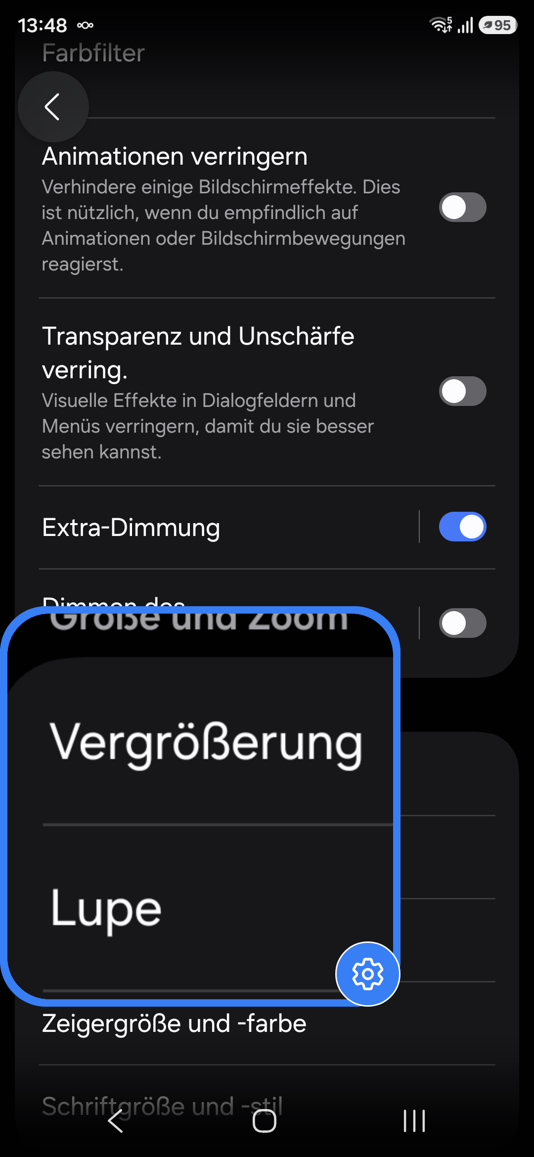 Bildschirmfoto: aktivierte Vergrößerung (Bildschirmlupe) in Android 16