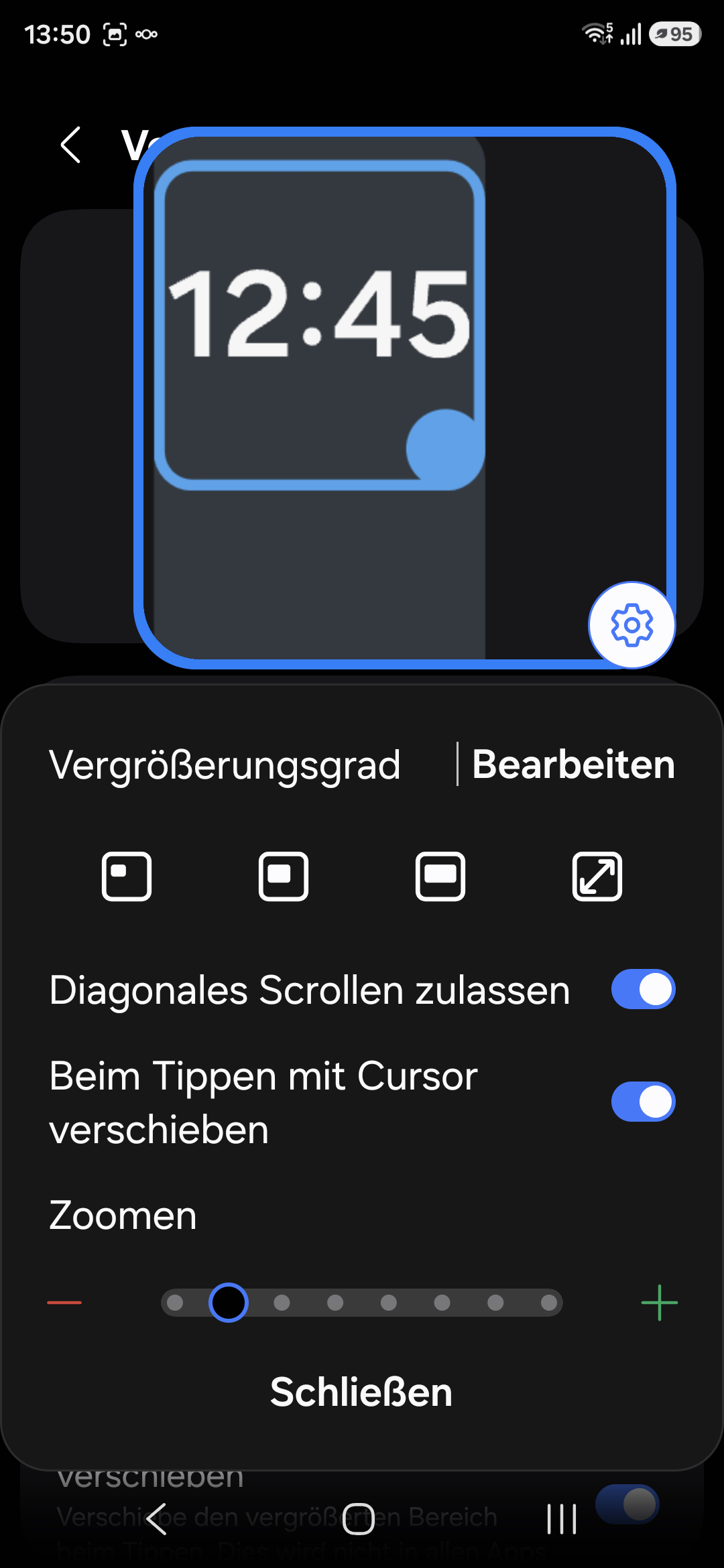 Bildschirmfoto: aktivierte Einstellungen zum Vergrößerungsbereich (Bildschirmlupe) in Android 16