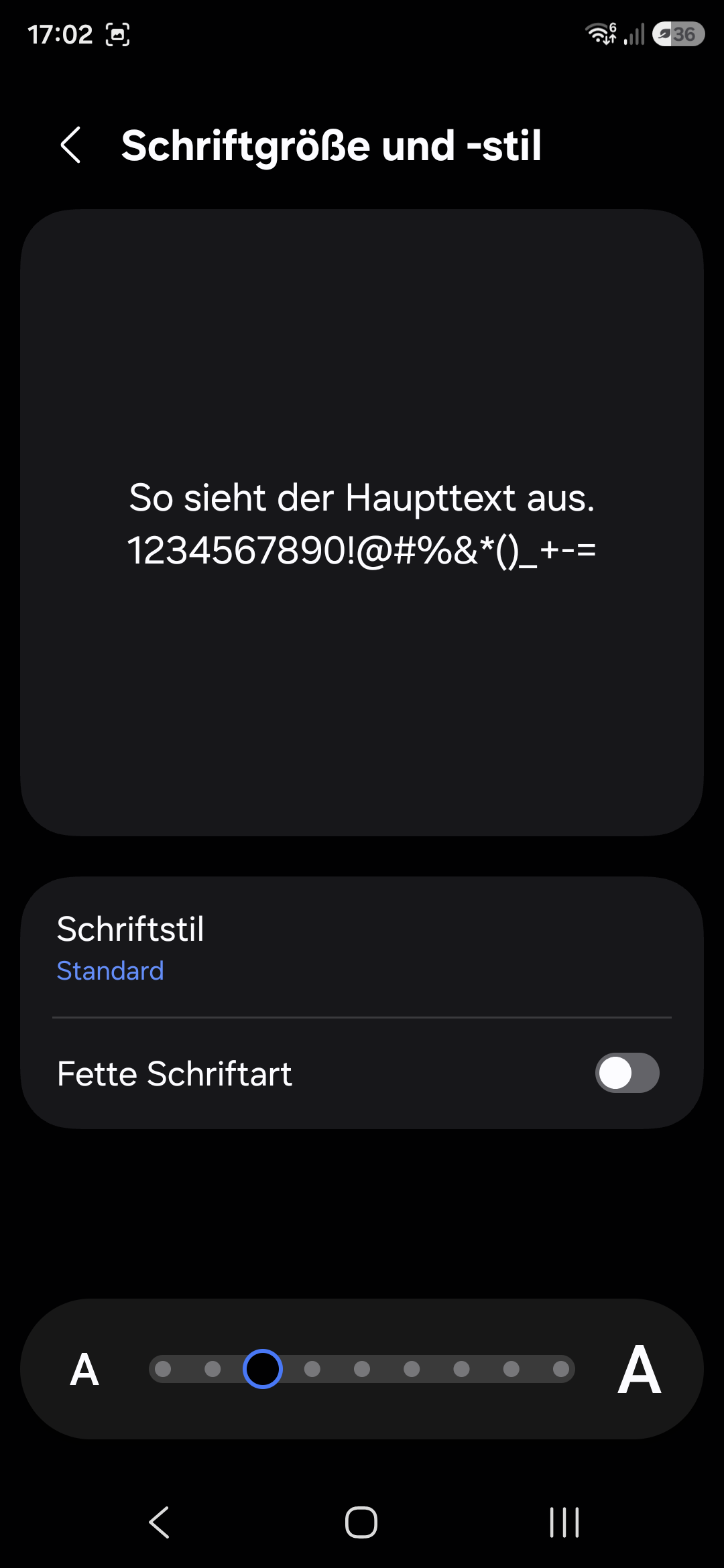 Bildschirmfoto: Einstellungen zu Schriftgröße und Schriftstil in Android 16