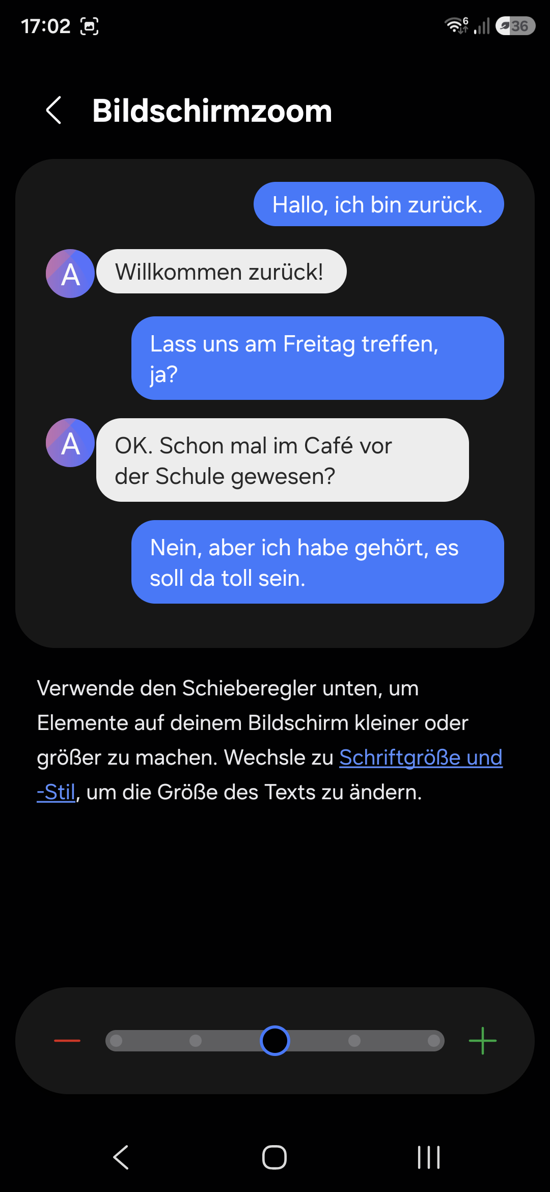 Bildschirmfoto: Einstellungen zum Bildschirmzoom in Android 16