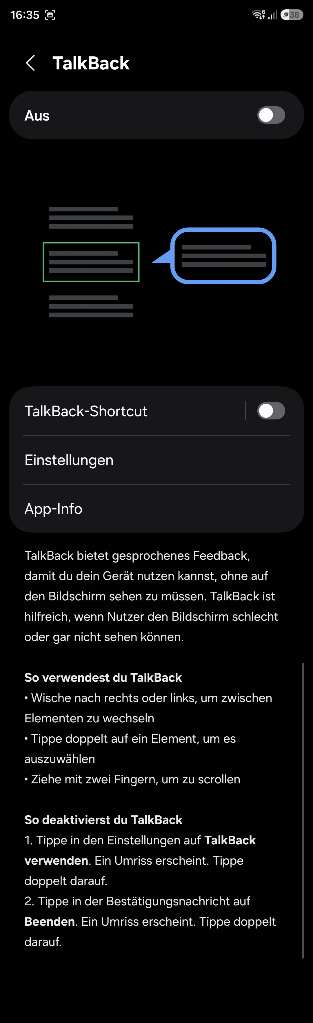 Bildschirmfoto: TalkBack in Android 16