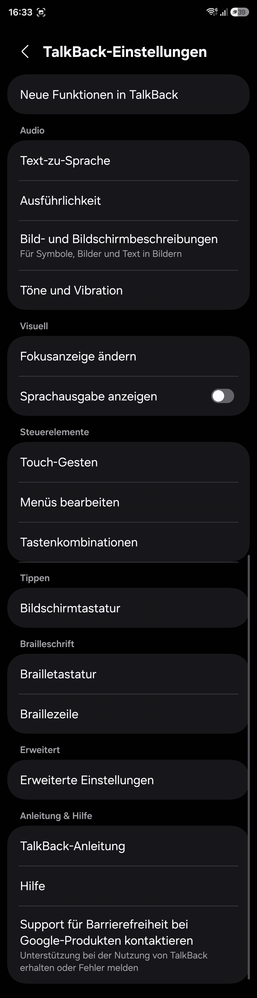Bildschirmfoto: Einstellungen von TalkBack in Android 16