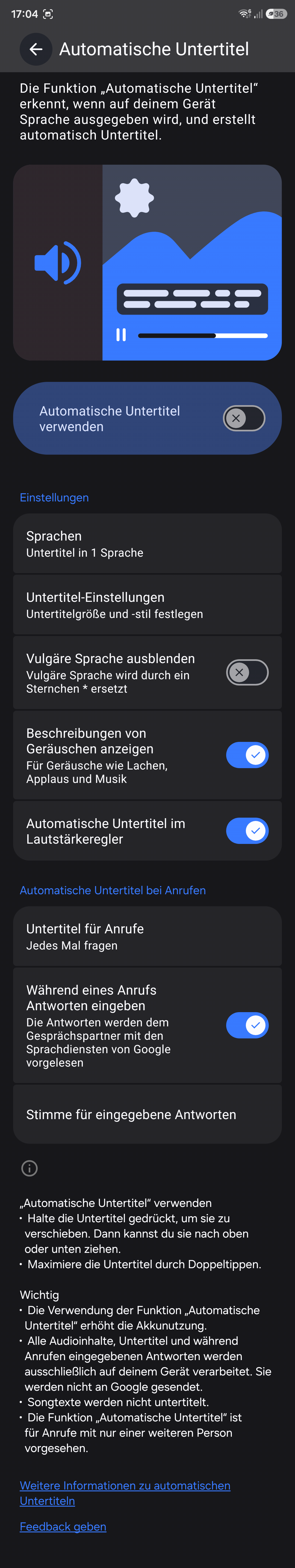 Bildschirmfoto: Automatische Untertitel in Android 16 in Android 16