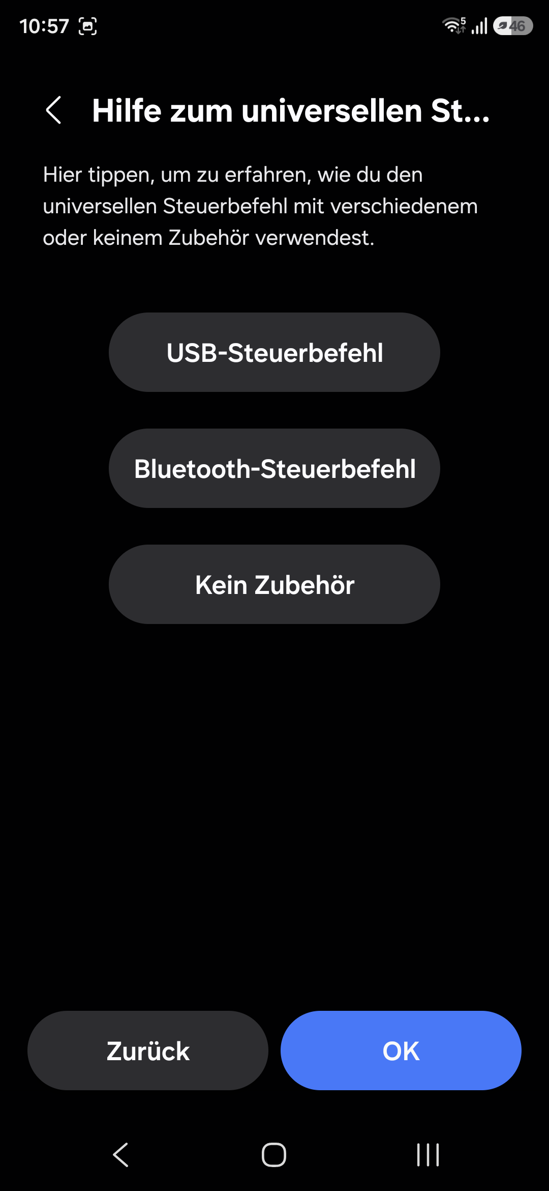 Bildschirmfoto: Einführung zum Universelle Steuerbefehl in Android 16, Schritt 4 mit Auswahloption für per USB oder per Bluetooth angeschlossene Geräte