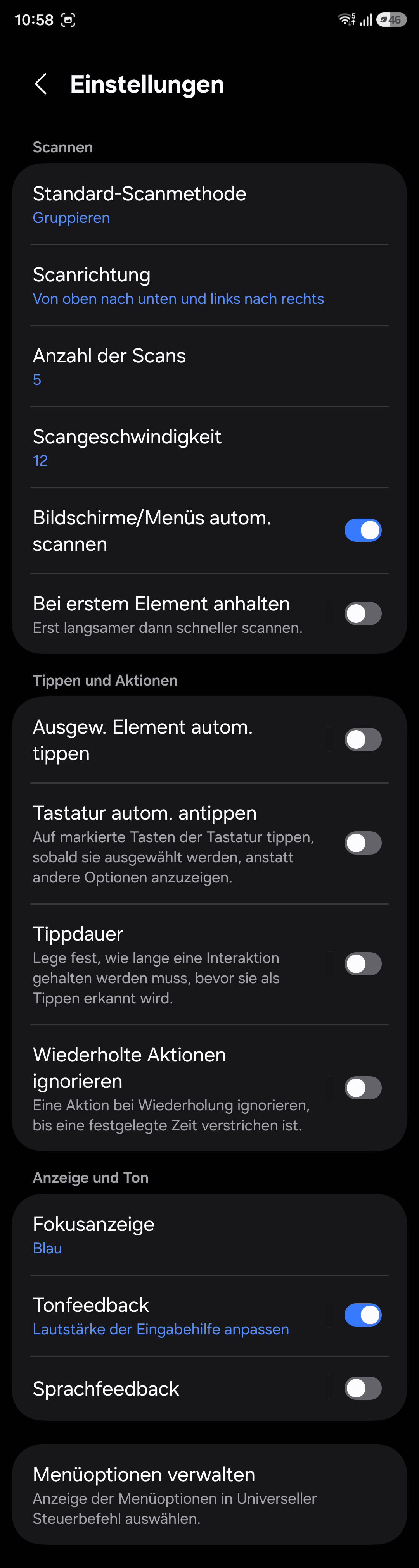 Bildschirmfoto: Einstellungen für den Universellen Steuerbefehl in Android 16