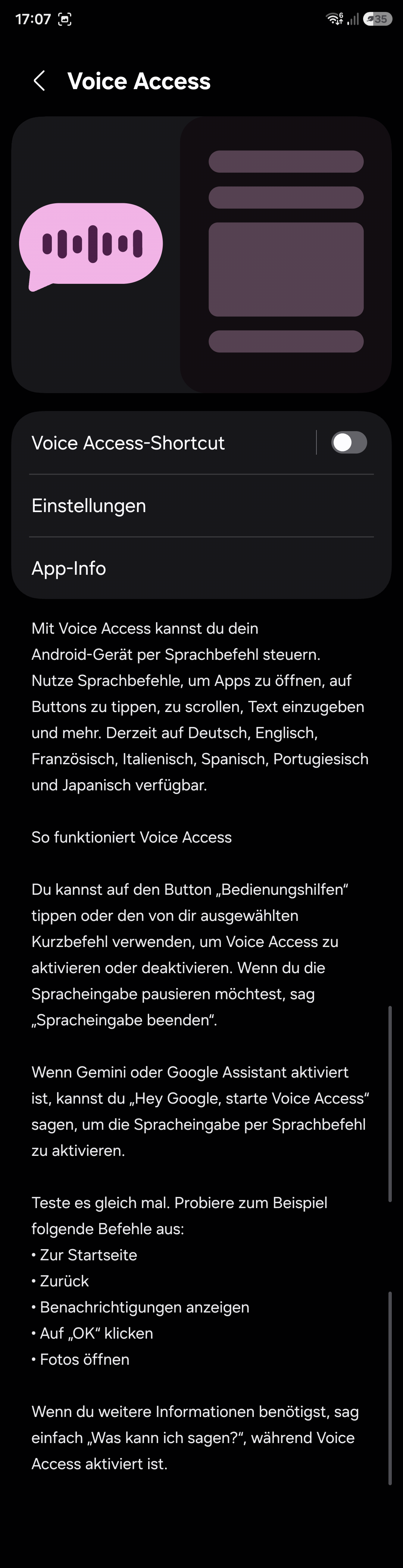 Bildschirmfoto: Voice Access in Android 16