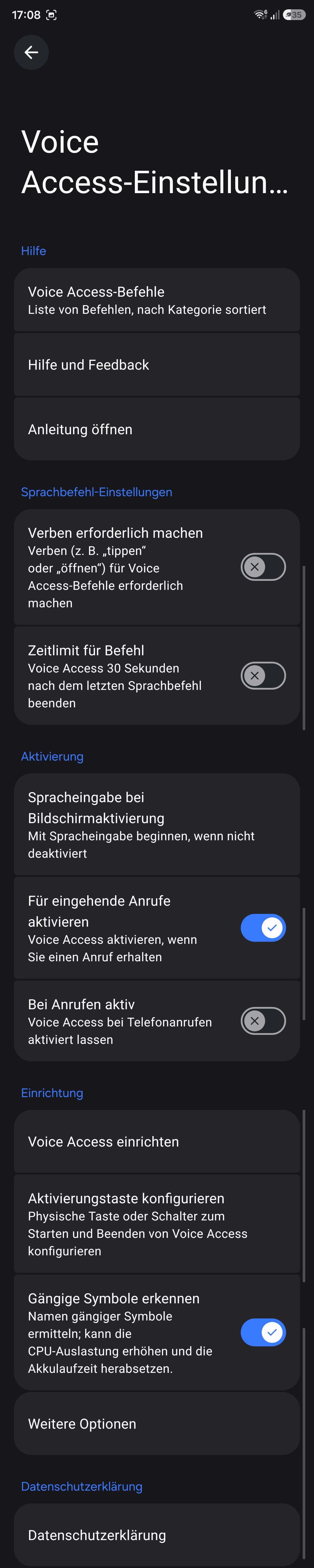 Bildschirmfoto: Einstellungen zu Voice Access in Android 16