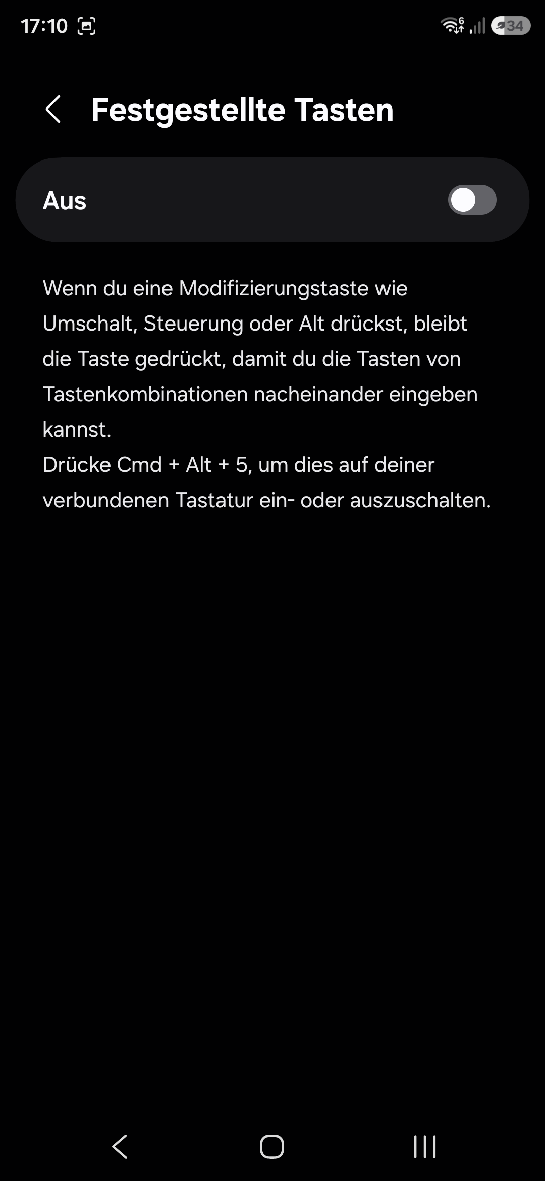 Bildschirmfoto: Festgestellte Tasten (Einrastfunktion) in Android 16