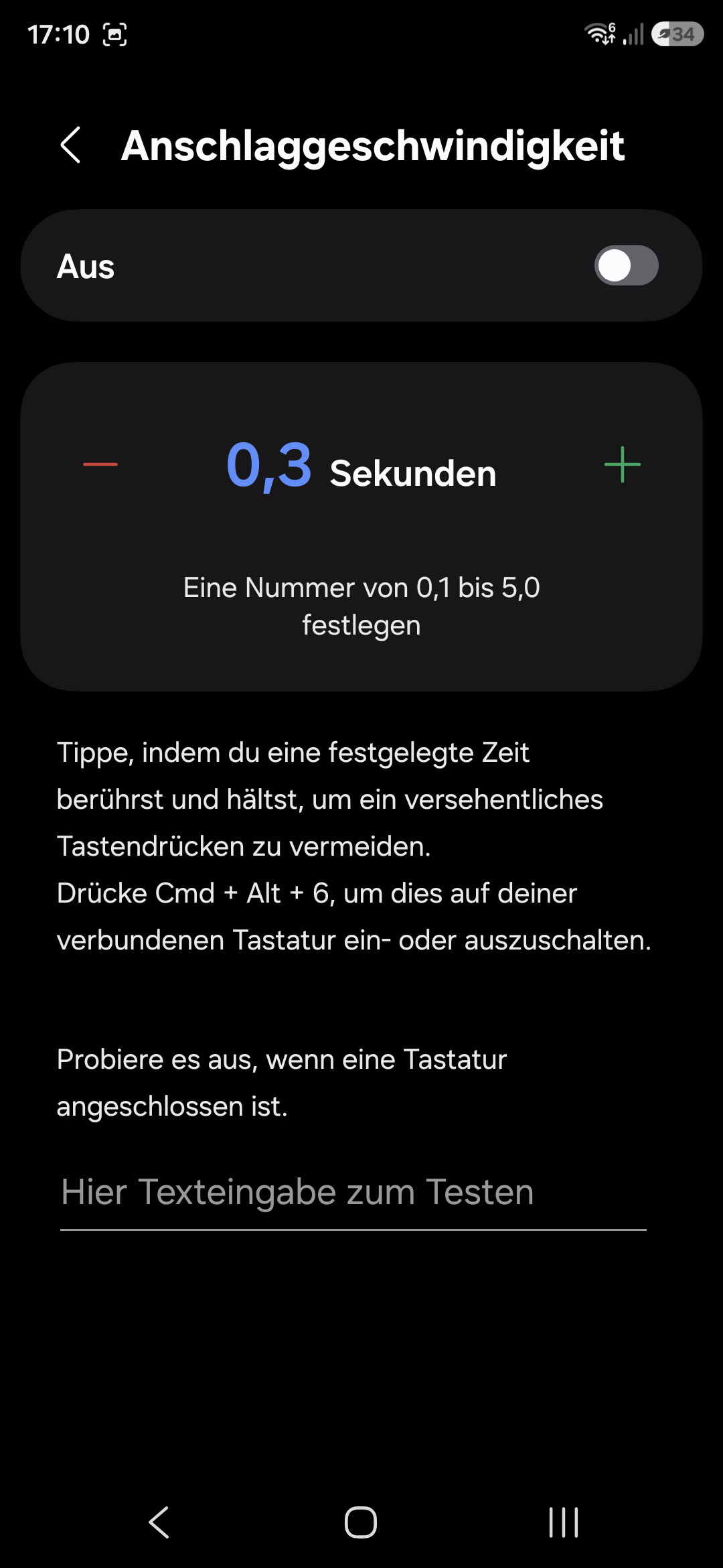 BBildschirmfoto: Anschlaggeschwindigkeit in Android 16