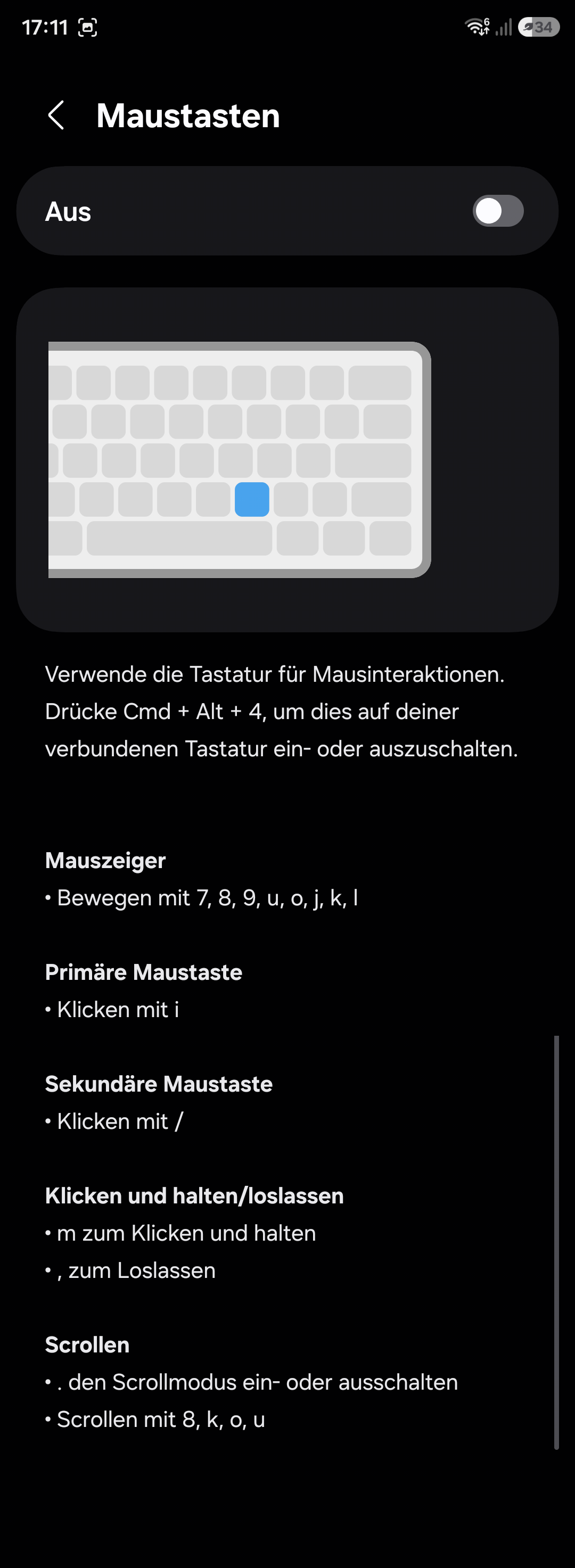 Bildschirmfoto: Maustasten in Android 16