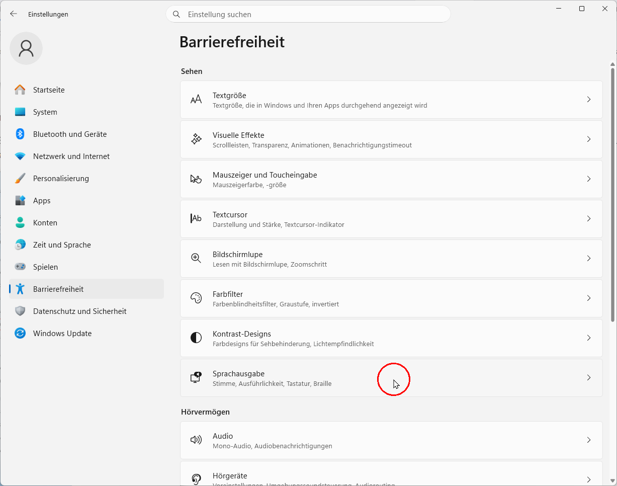 Barrierefreiheit Windows 11: Sehen, Mausmarkierung über Sprachausgabe
