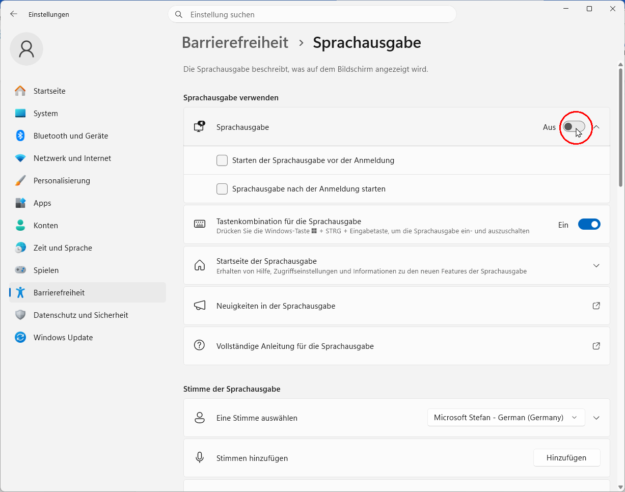 Barrierefreiheit Windows 11: Sprachausgabe