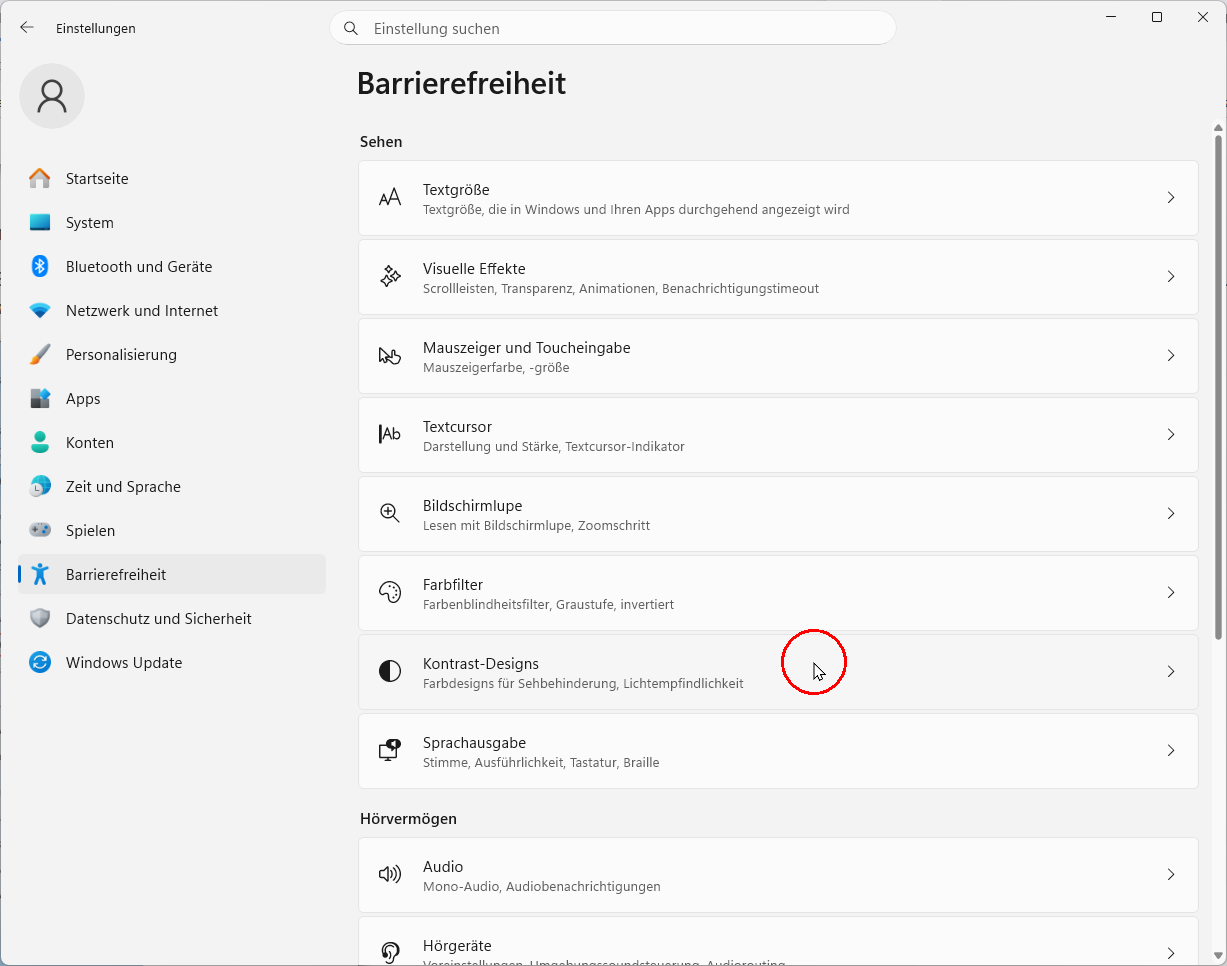 Barrierefreiheit Windows 11: Sehen, Mausmarkierung über Kontrast-Designs