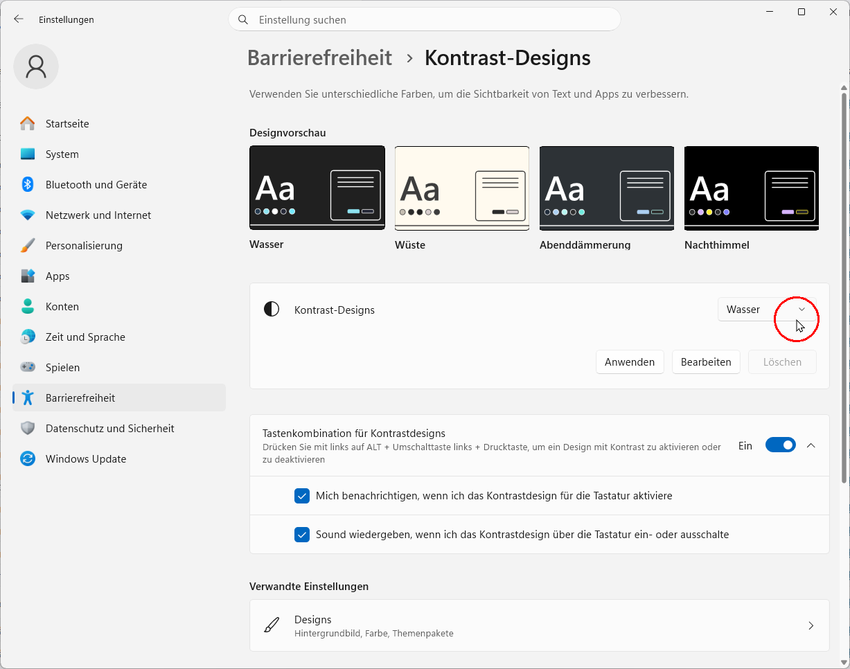 Barrierefreiheit Windows 11: Kontrast-Designs