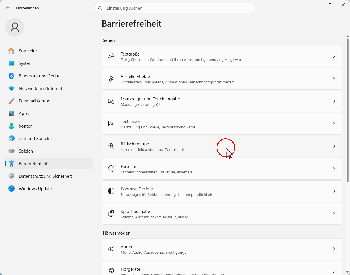 Barrierefreiheit Windows 11: Sehen, Mausmarkierung über Bildschirmlupe