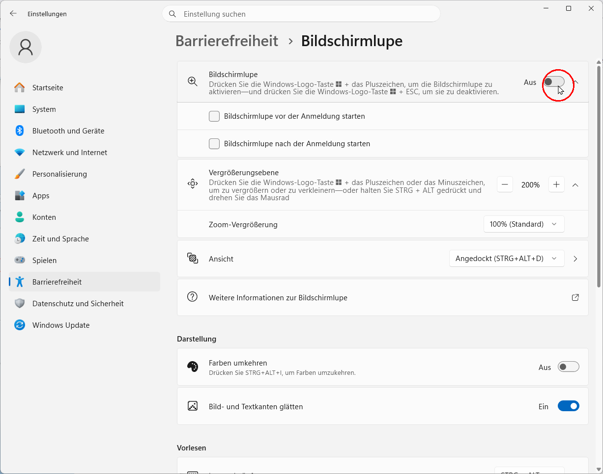 Barrierefreiheit Windows 11: Bildschirmlupe