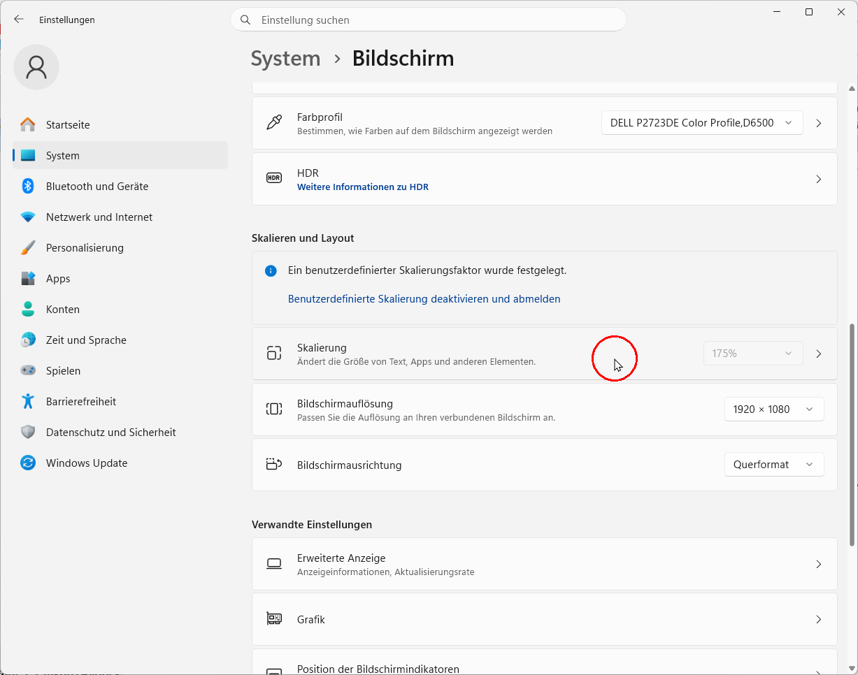 System Windows 11: Bildschirm, Bereich Skalieren und Layout, Mausmarkierung über Skalierung