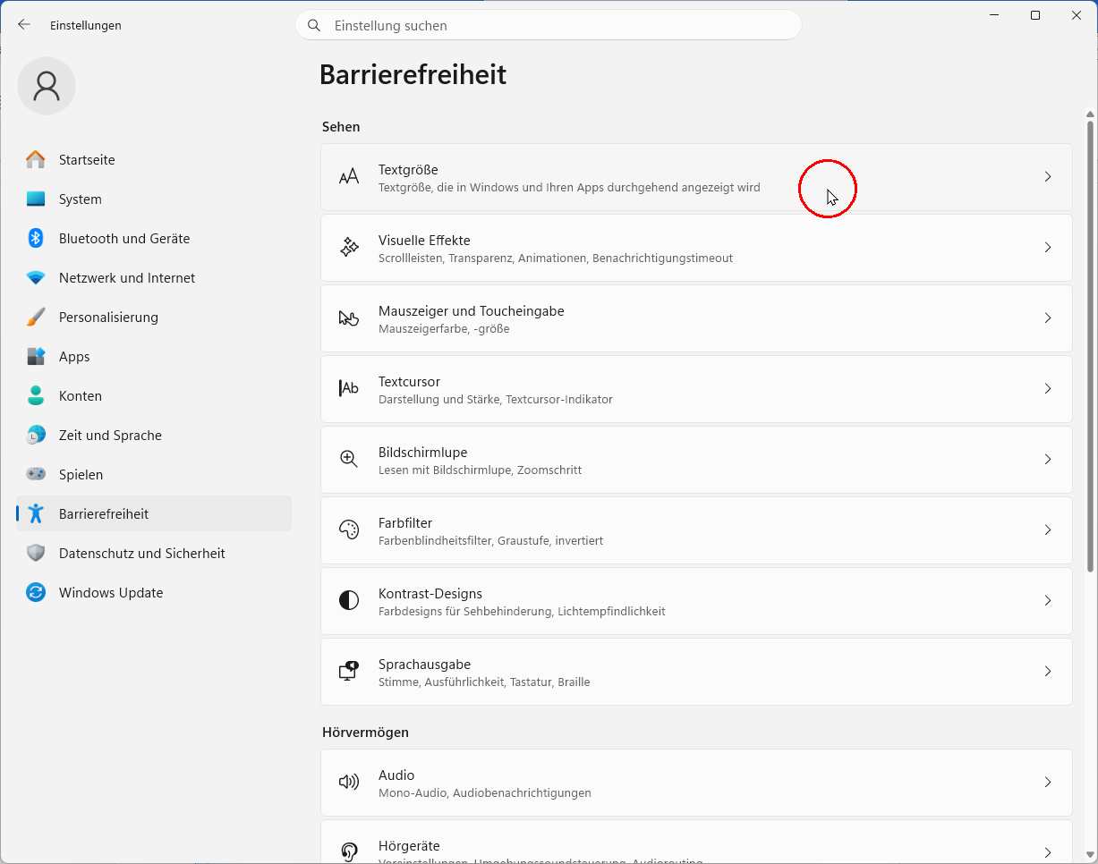 Barrierefreiheit Windows 11: Sehen, Mausmarkierung über Textgröße