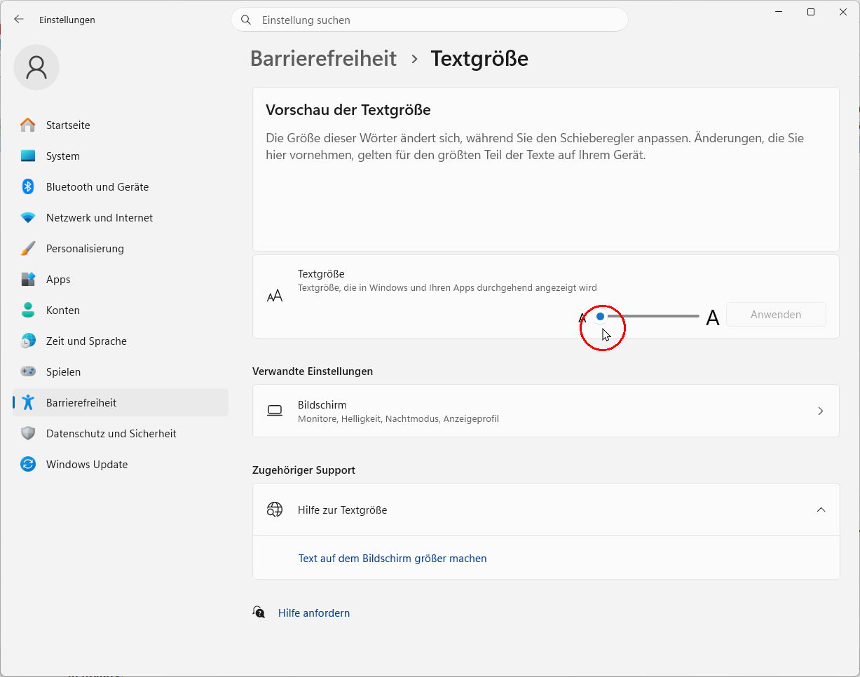 Barrierefreiheit Windows 11: Textgröße