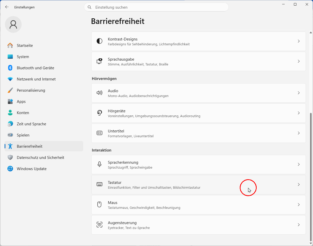 Barrierefreiheit Windows 11: Interaktion, Mausmarkierung über Tastatur