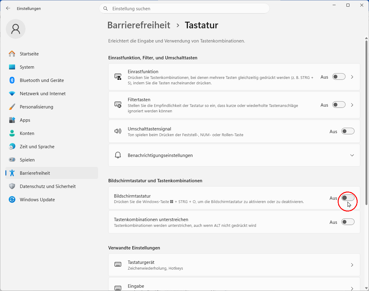 Barrierefreiheit Windows 11: Bildschirmtastatur