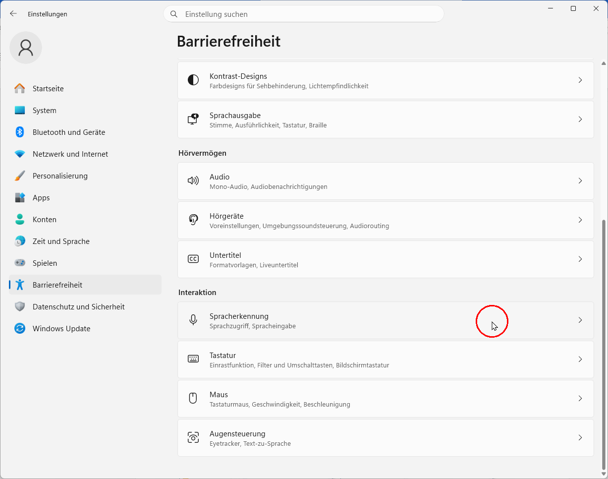 Barrierefreiheit Windows 11: Einstellungen → Barrierefreiheit → Interaktion: Spracherkennung