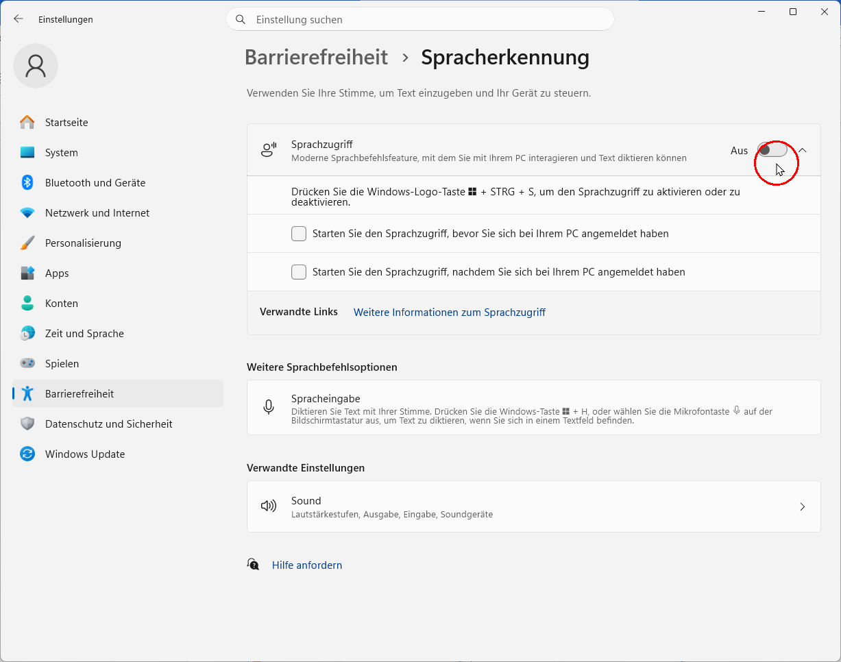 Barrierefreiheit Windows 11: Einstellungen → Barrierefreiheit → Interaktion: Spracherkennung → Sprachzugriff