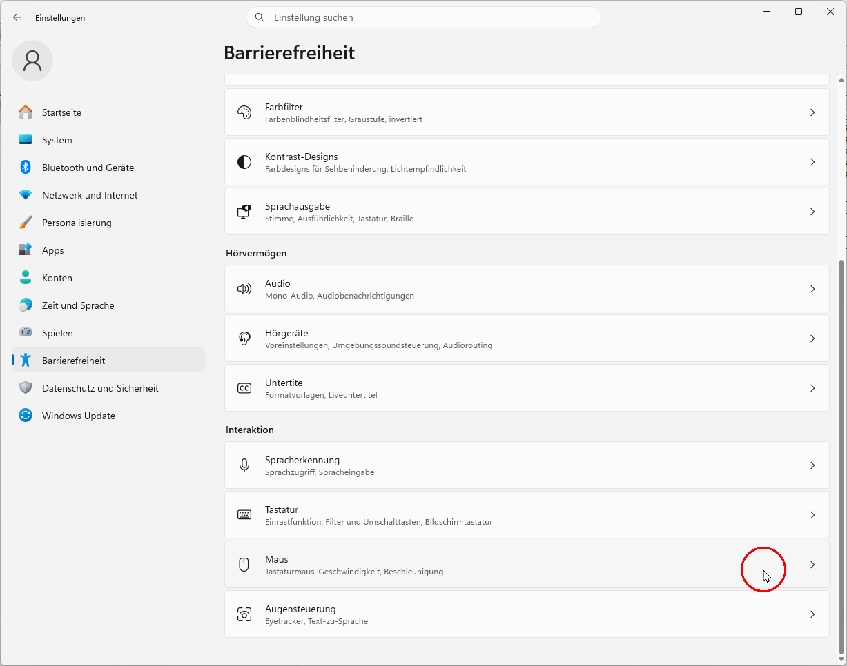 Bildschirmfoto Windows 11: Einstellungen → Barrierefreiheit → Interaktion: Maus