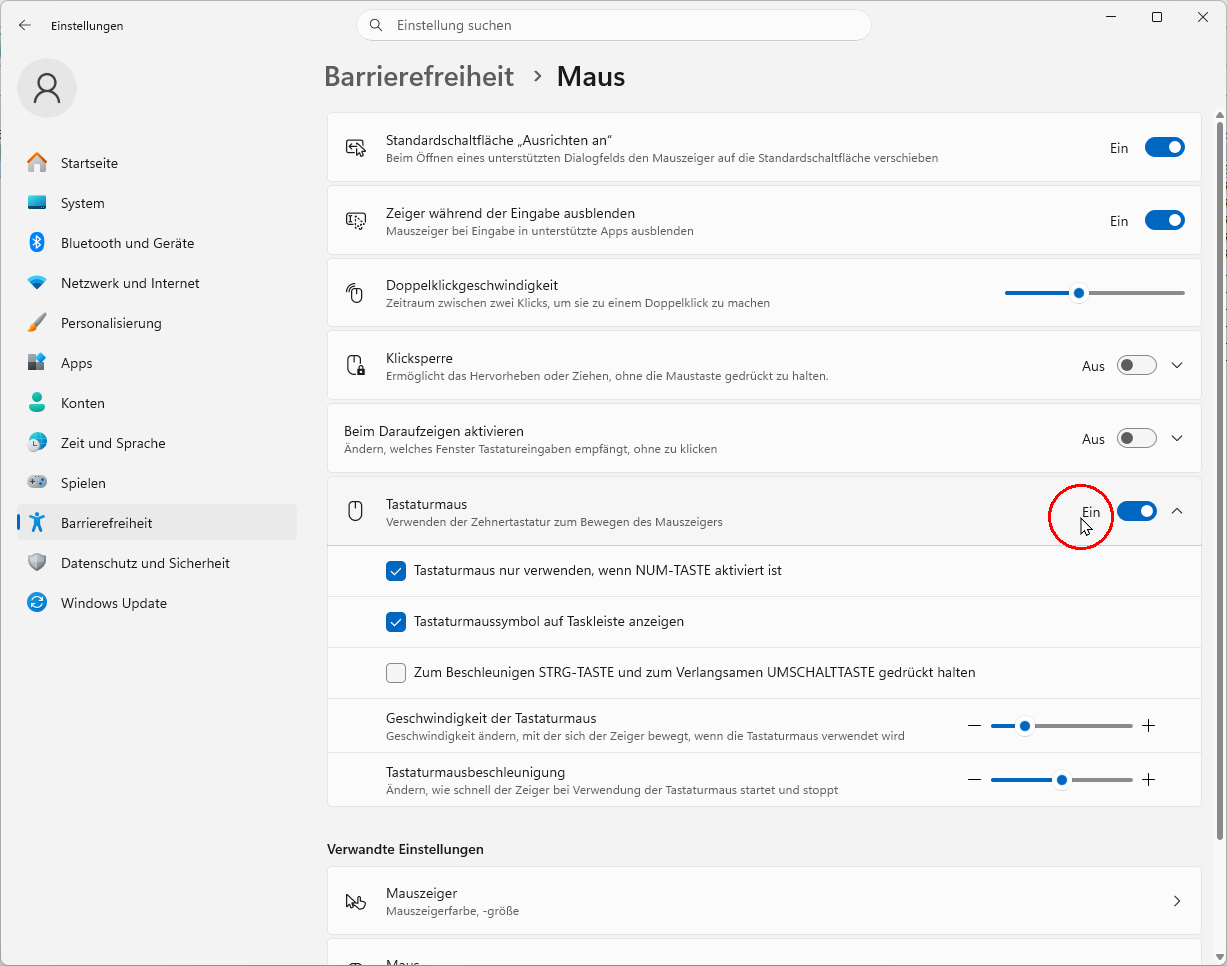 Bildschirmfoto Windows 11: Einstellungen → Barrierefreiheit → Interaktion: Maus→ Tastaturmaus