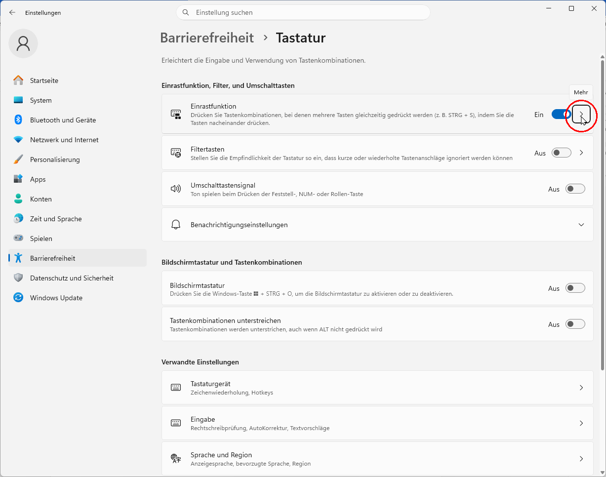 Bildschirmfoto Windows 11: Einstellungen → Barrierefreiheit → Interaktion: Tastatur → Einrastfunktion
