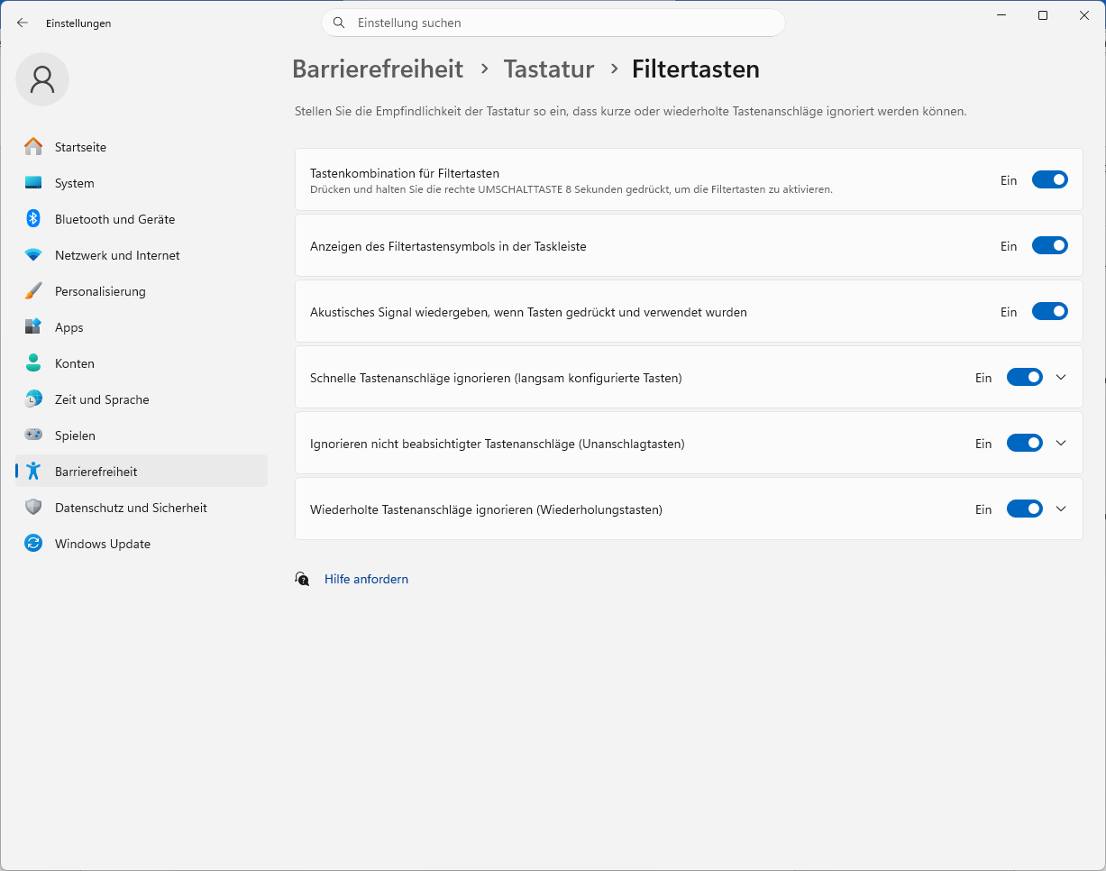 Bildschirmfoto Windows 11: Optionen zu Filtertasten