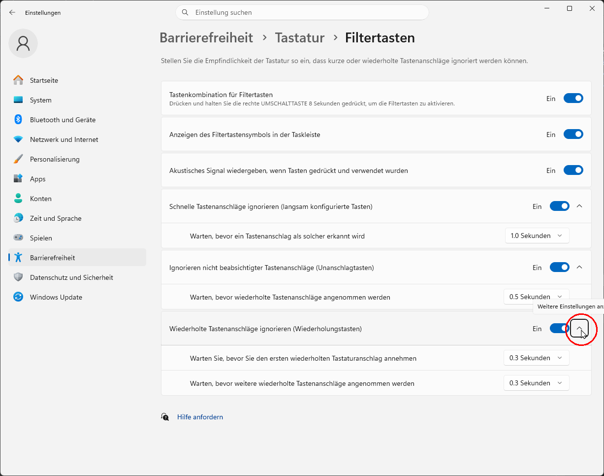 Bildschirmfoto Windows 11: Optionen zu Wiederholungstasten 