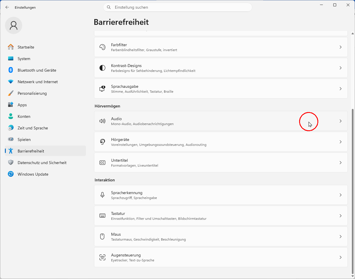 Bildschirmfoto Windows 11: Einstellungen → Barrierefreiheit → Hörvermögen: Audio 
